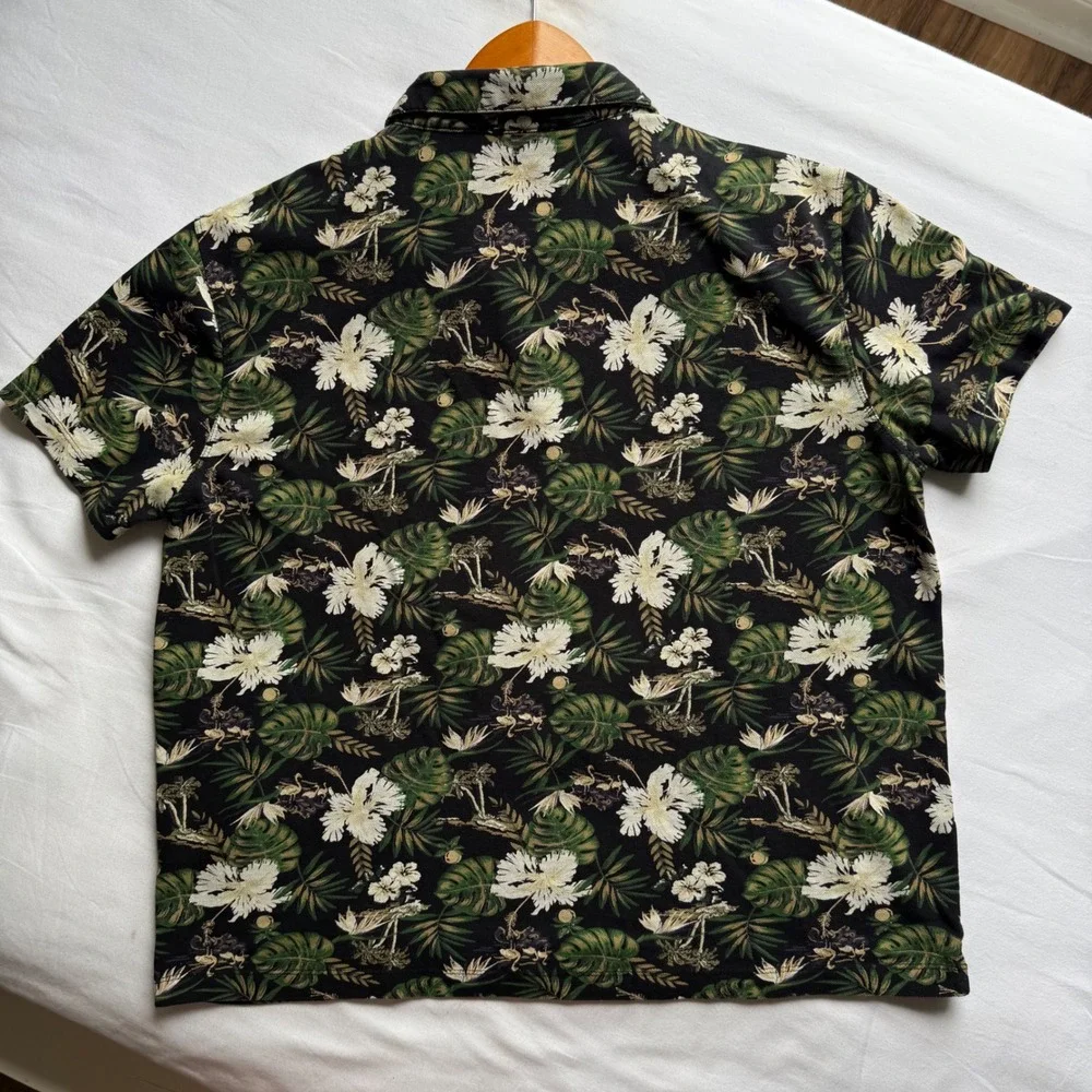 Banana Republic Mens Pique Polo Shirt L Black Tropical Floral Hibiscus Cotton